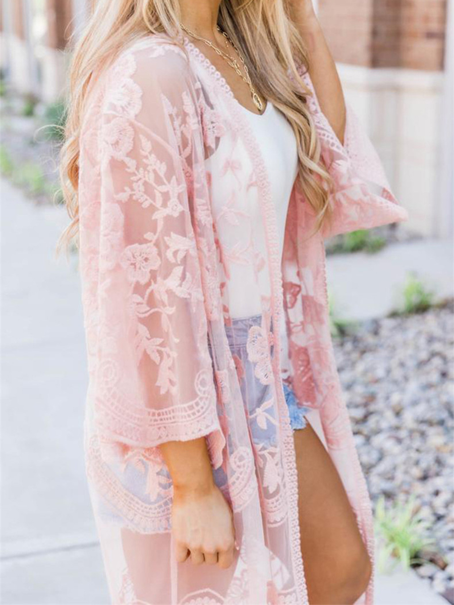 Robe de plage transparente brodée de fleurs pour femmes, cardigan uni, couverture de document, manches 3/4, vêtements de plage, vacances d'été
