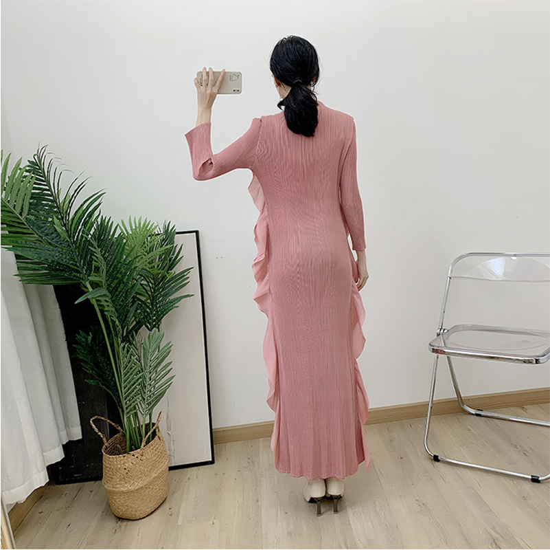 Robe plissée Miyake 2026 à col roulé en dentelle, plissée épaisse, manches longues, décontractée, élégante, de créateur, vêtements vintage