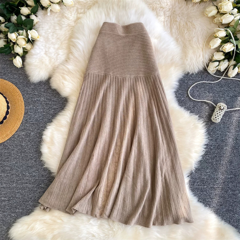 Jupe longue plissée en maille côtelée pour femme, taille haute élastique, coupe trapèze fluide, couleur unie, style coréen, décontractée, pour l'hiver