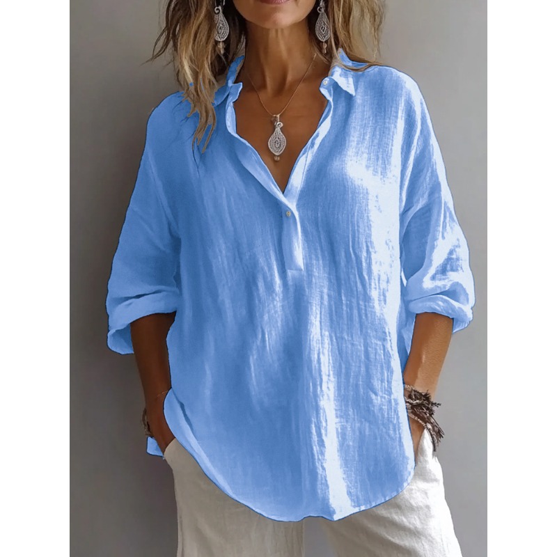 Chemisier en coton et lin pour femme, manches longues, col rabattu, couleur unie, décontracté, ample, respirant, idéal pour l'été et le bureau