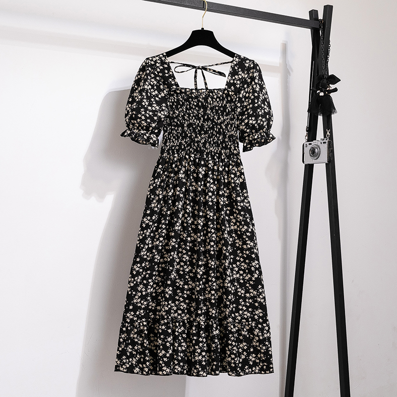 Robe d'été plissée en mousseline de soie pour femmes, tenue décontractée, plage, vacances, manches courtes, col carré, mi-longue, style bohème