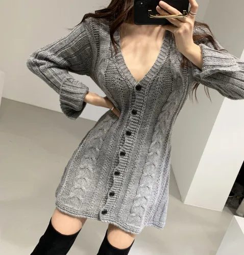 Robe pull pour femme, manches longues, tricot torsadé, boutonnée, ajustée, mini-robe, tenue rétro des années 90 pour adolescentes, automne-hiver