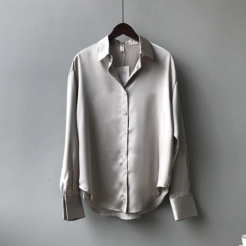 Chemisier ample élégant en satin pour femme 2026, col rabattu, style vintage décontracté, boutonné, en soie, pour le printemps et l'automne