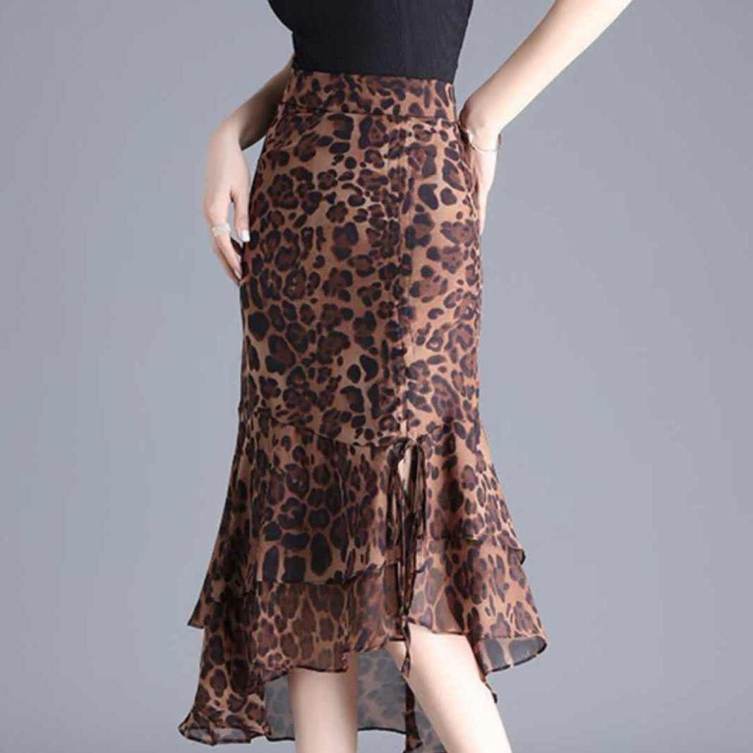 Jupes mi-longues en mousseline de soie pour femmes, taille haute, imprimé léopard, ligne A irrégulière, élégante, décontractée, Y2k, Vintage, mode coréenne V