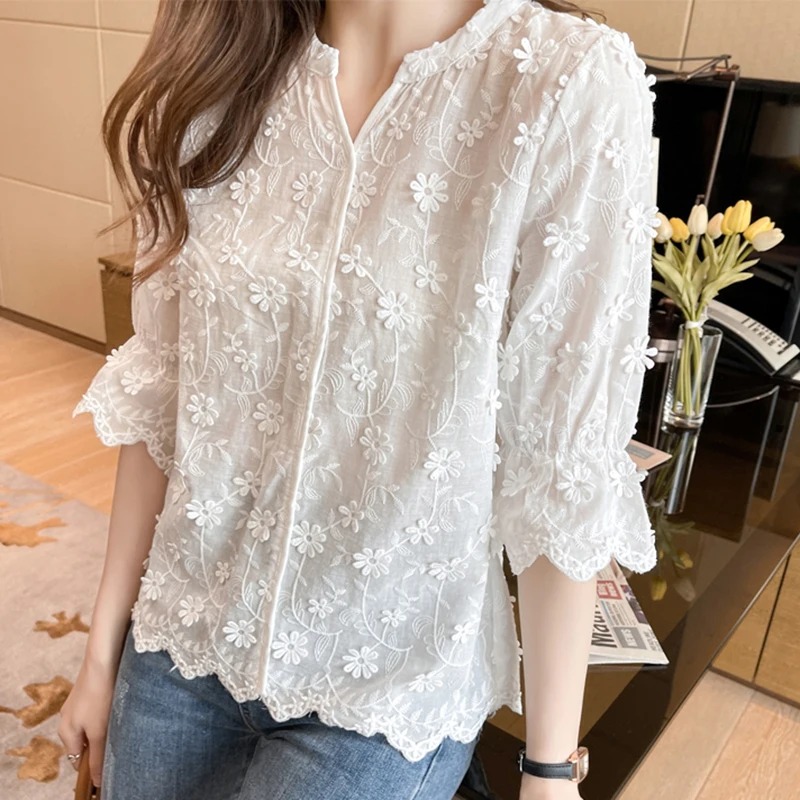 Chemisier en dentelle à manches courtes en coton pour femmes, hauts d'été, broderie florale, chemise blanche, chemisiers décontractés à la mode, 9638