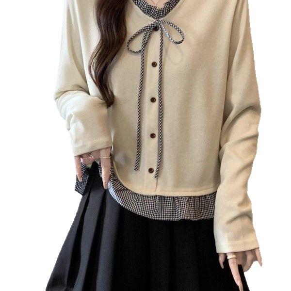 Chemisier à manches longues pour femme grande taille, nouvelle collection printemps-automne, décontracté et fin, avec empiècements et bordure festonnée, col en V