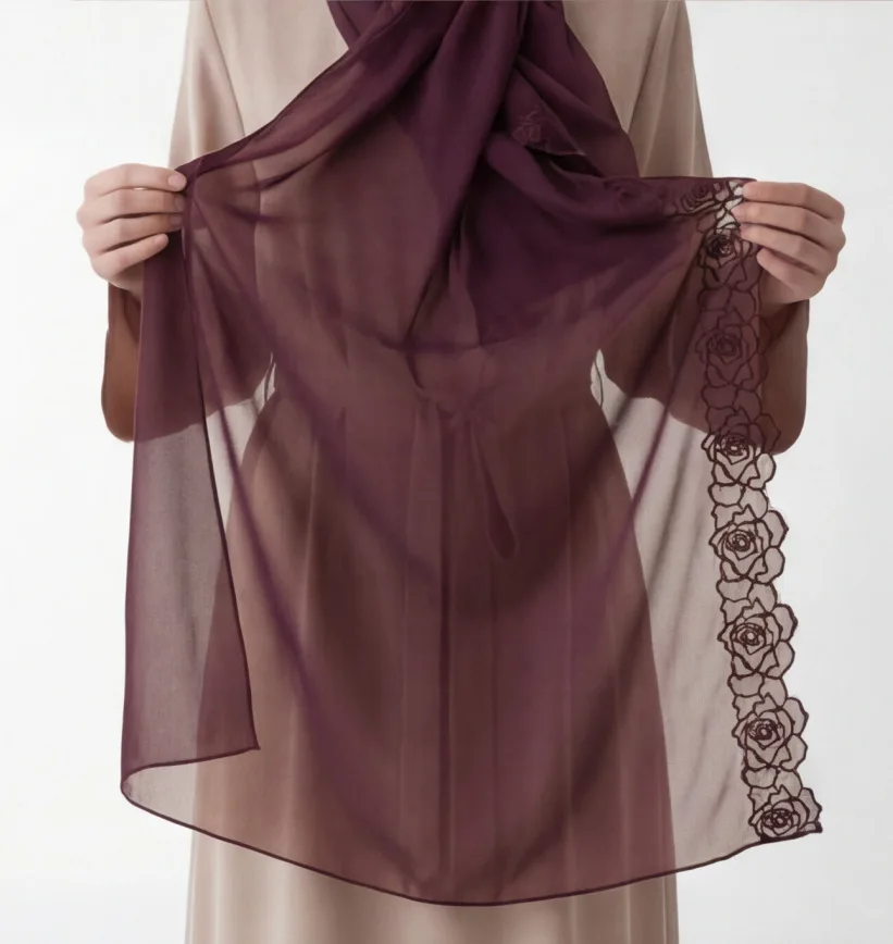 Hijab en mousseline brodé de roses pour femme musulmane, châle long, écharpe longue, turban islamique, foulard de mariage