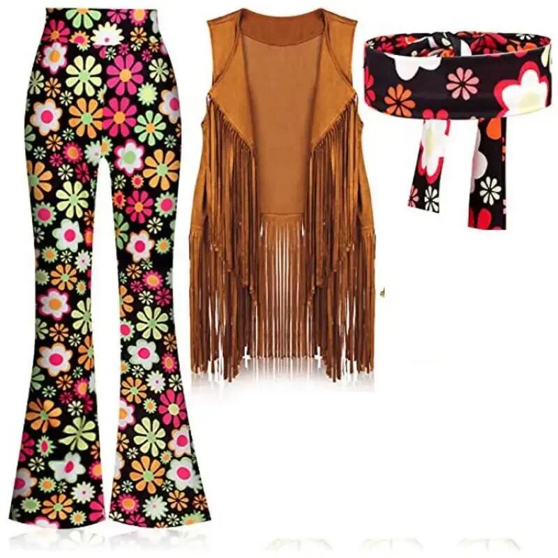 Costume pour femmes des années 60 et 70, tenue disco hippie, veste à franges, pantalon bohème, ensemble d'accessoires pour adultes, Halloween, Mardi Gras, carnaval
