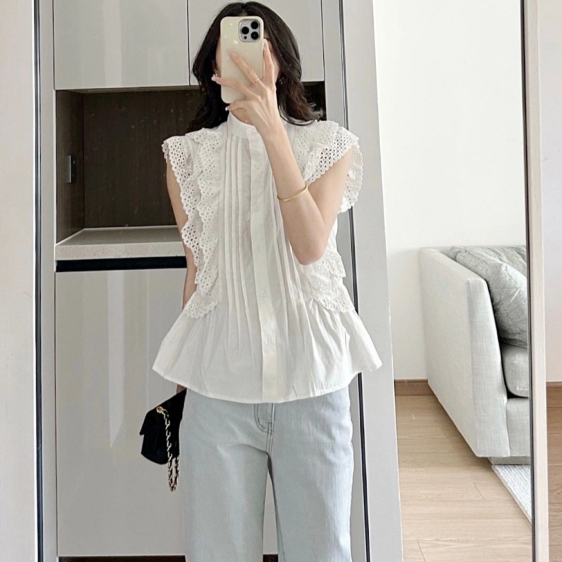 Mode manches volantes chemises blanches Vintage sans manches à volants dentelle Blouse pour femme femme élégant décontracté doux hauts 27709