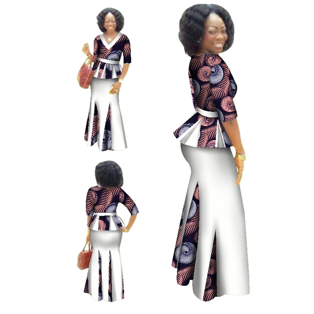Ensemble de vêtements africains traditionnels pour femmes, robe maxi à demi-manches, jupe imprimée africaine Dashiki, écharpe gratuite, 6XL, WY1435, 2 pièces