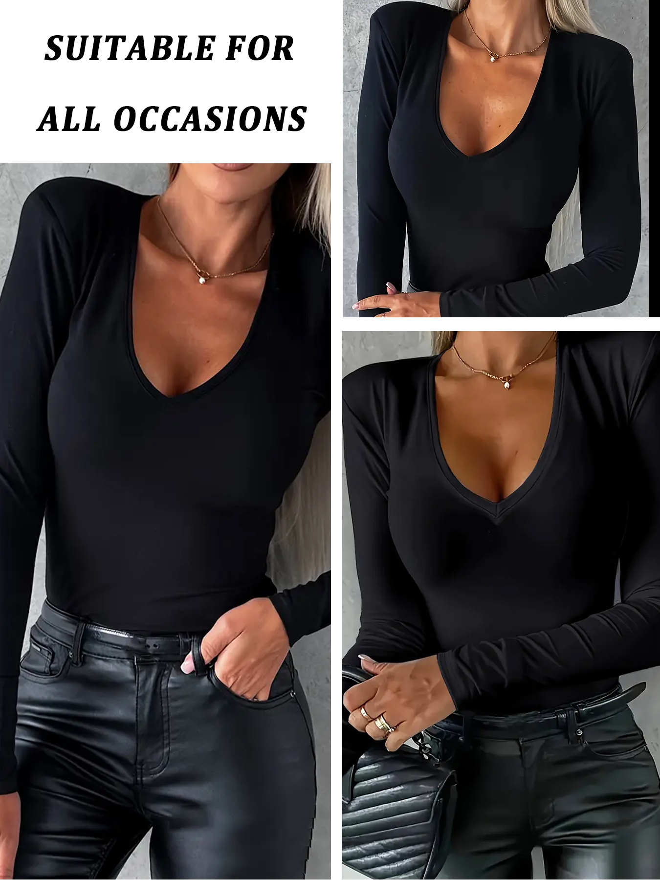 T-shirt à manches longues pour femme, col en V super doux et très extensible, coupe toutes saisons