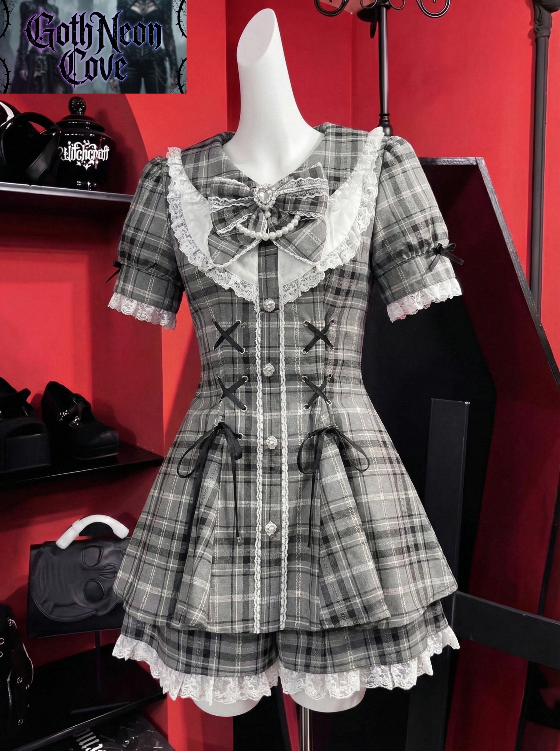 Ensembles jupe et haut à manches courtes Kawaii pour femmes, style Y2K, taille haute ajustée, nouvelle robe chic à carreaux gris, Jirai Kei, ensemble 2 pièces été