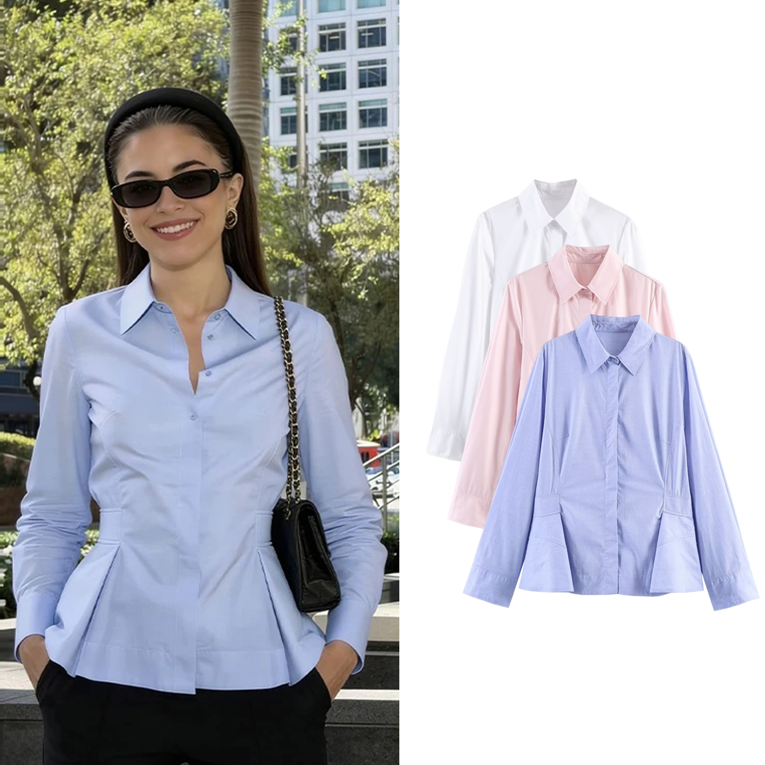 Chemisiers élégants pour femmes à ourlet jupe, printemps-été, à simple boutonnage, coupe ajustée, manches longues, style OL