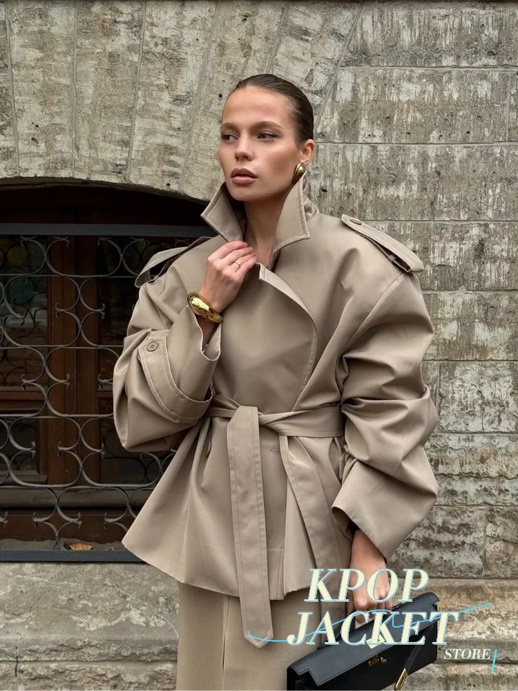 Élégant solide à lacets pardessus femmes Chic à manches longues revers col bouton manteau ample automne femme rue nouveau surdimensionné vêtements d'extérieur