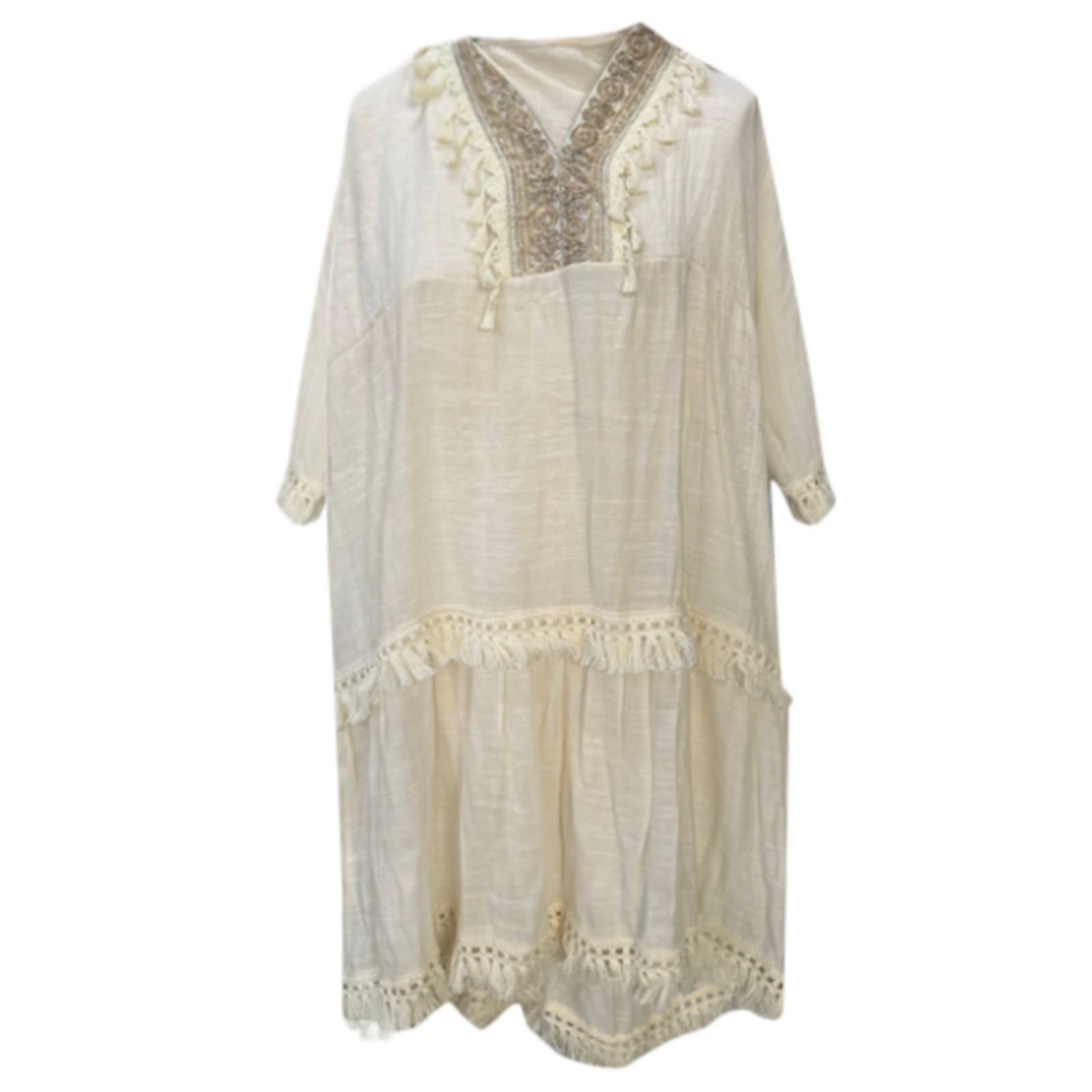 Robe mi-longue brodée vintage pour femmes, robes d'été Boho, coupe adt, demi-manches, glands, robe d'été décontractée, coton, lin, panneau en dentelle