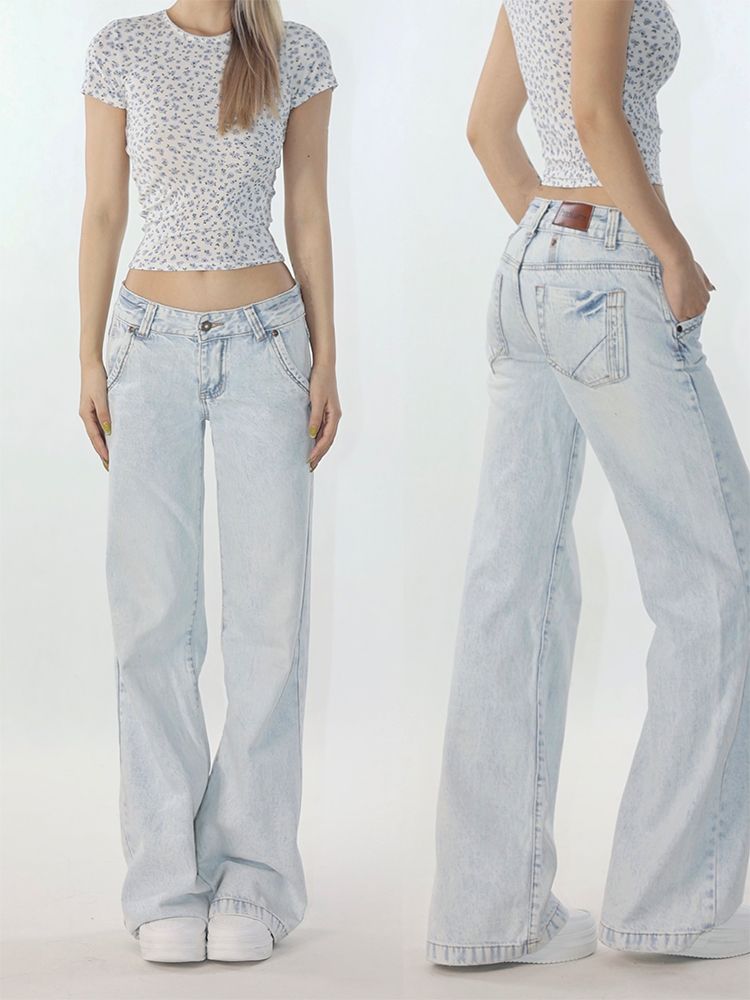 Décontracté bleu clair taille basse jean femme Streetwear américain Vintage Denim pantalon femme décontracté lavé droit Pantalons Mujer