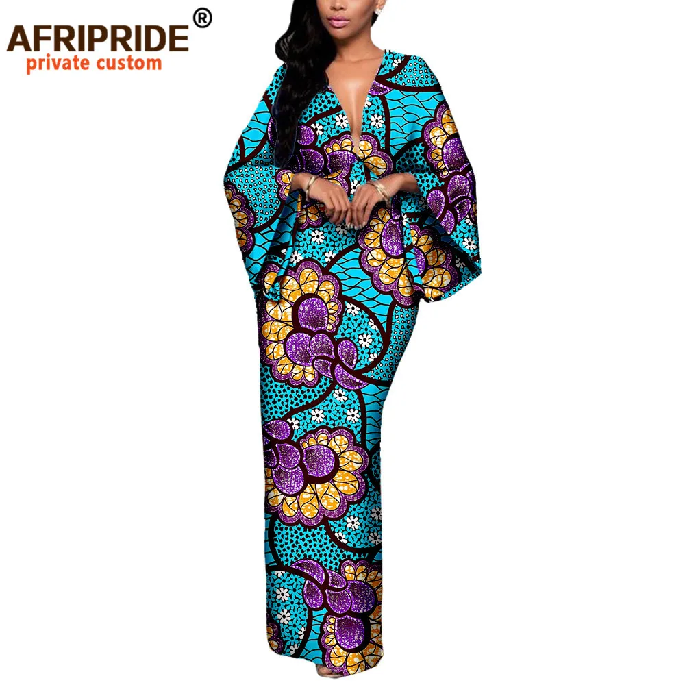 AFRIPRIDE-Robe africaine maxi en coton pour femmes, manches évasées, col en v, police et dos, longueur rinçage, A7225knit