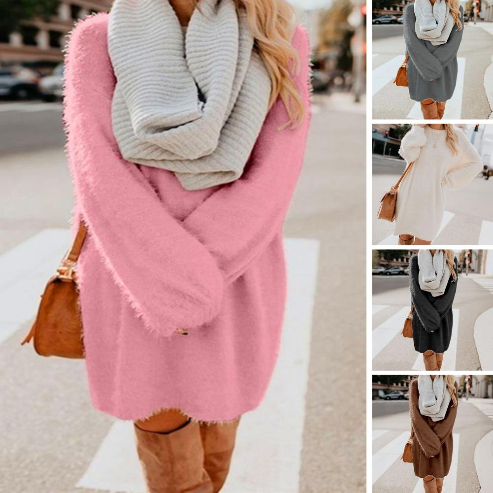 Robe pull en fourrure pour femmes, pull ample et pelucheux, hauts longs, ample, col rond, mode automne, Mini robe courte