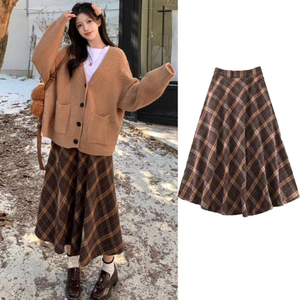 Jupe longue élégante taille haute à carreaux rétro, style preppy, coupe ajustée, coupe trapèze, pour l'hiver et l'automne, idéale pour les fêtes