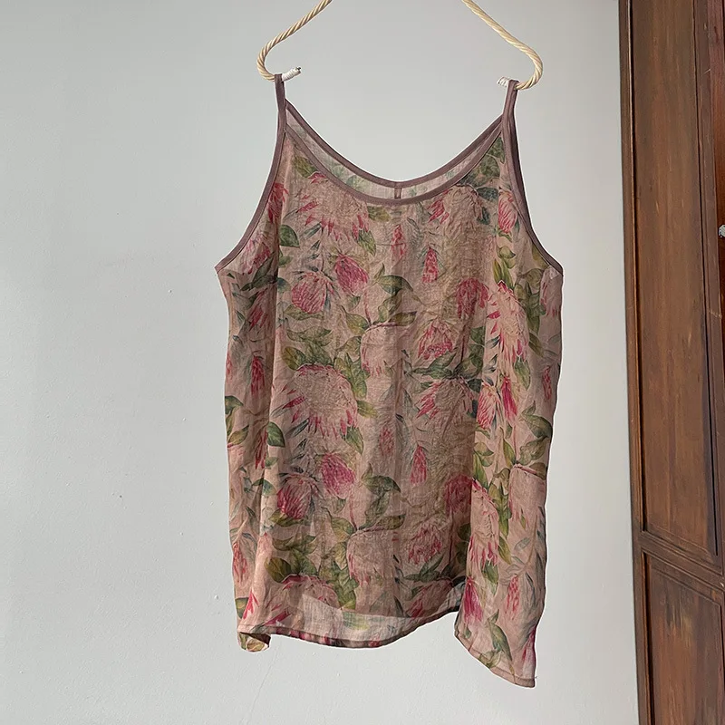 Camisole en fibre de ramie imprimée de style coréen pour femmes, bretelles spaghetti, col en V glacé, précieux, doux, décontracté, nouveau, 2024