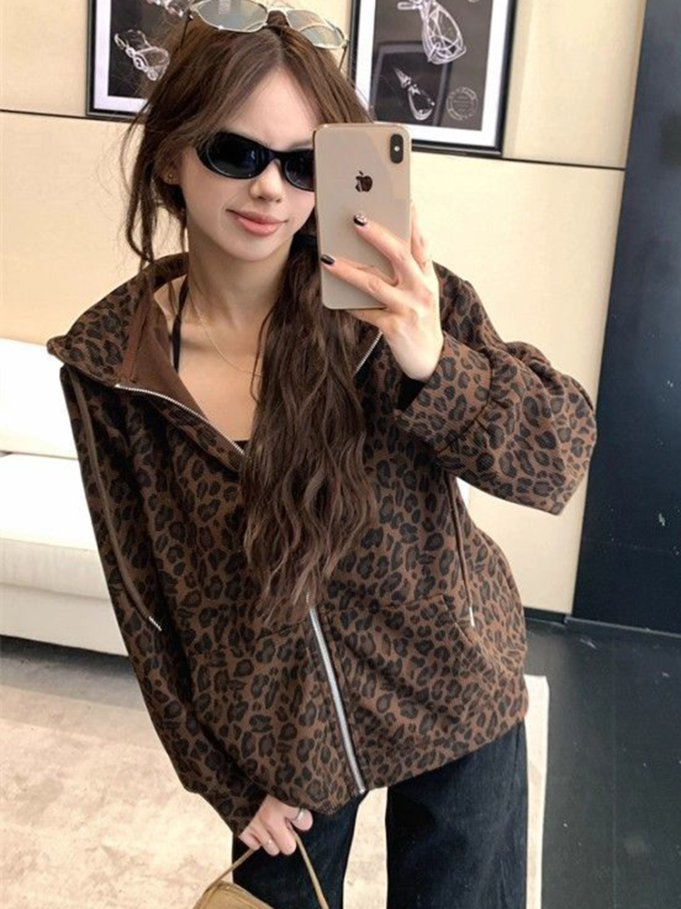 Sweat-shirt à capuche léopard pour femmes, Streetwear, ample, rétro, Harajuku, Hip Hop, automne, Vintage américain, manches longues, hauts, nouveau, Y2K