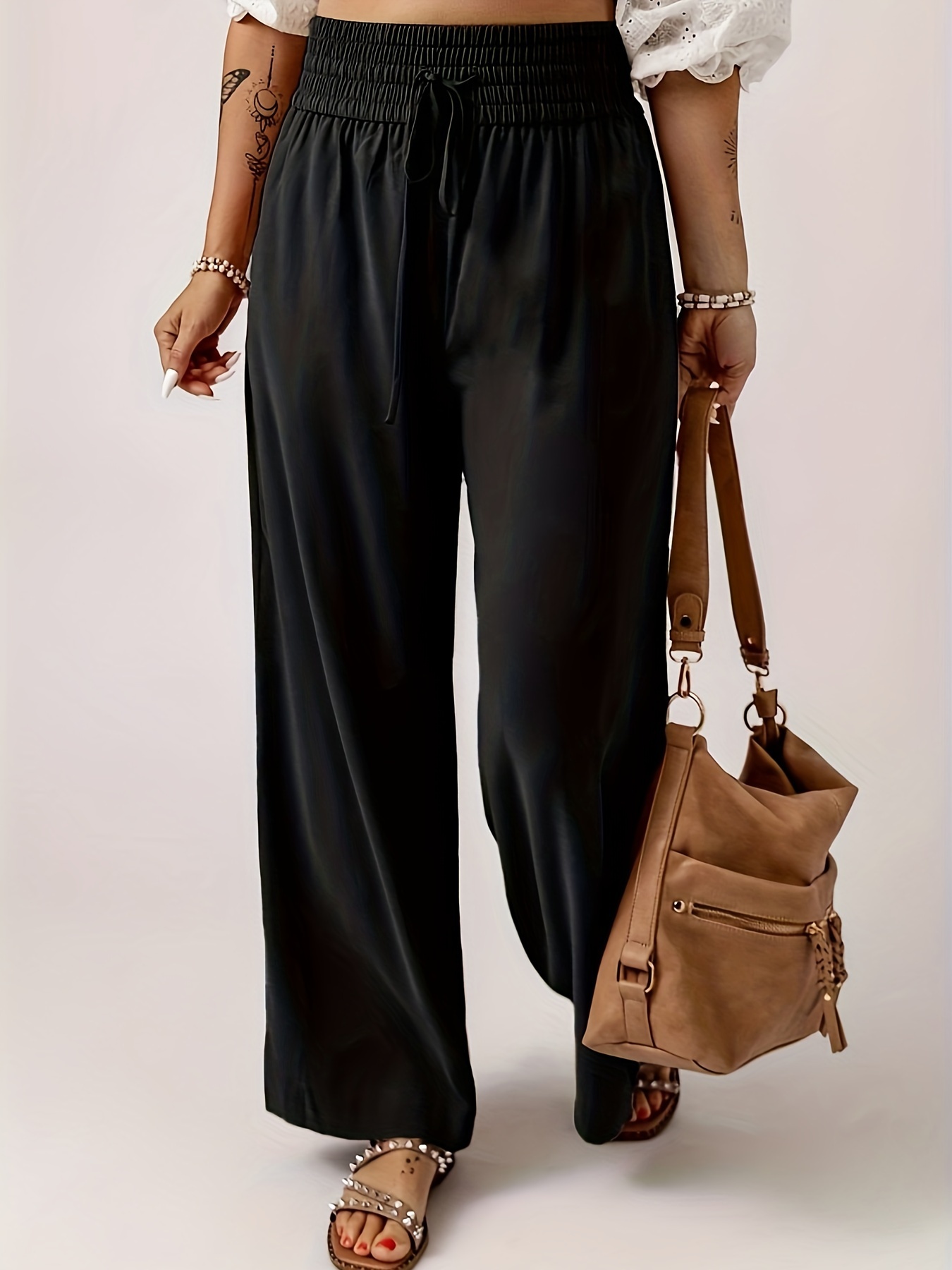 Pantalon à jambes larges pour femme, grande taille, mode décontractée, élégant, bureau, dame, monochrome, taille haute, fjadt