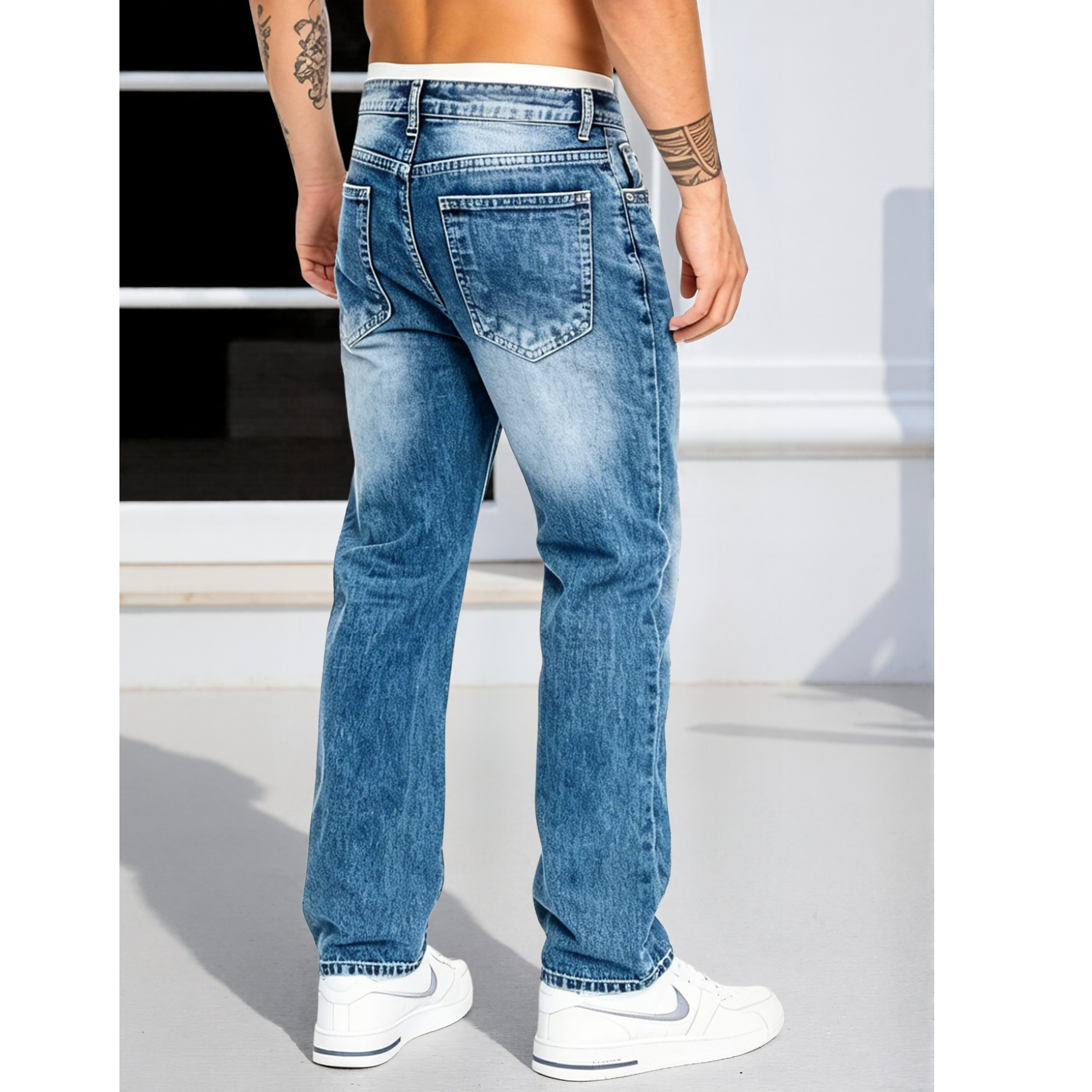 Jeans pour homme, pantalon classique coupe droite, denim extensible, vintage, couleur unie, pour un style streetwear