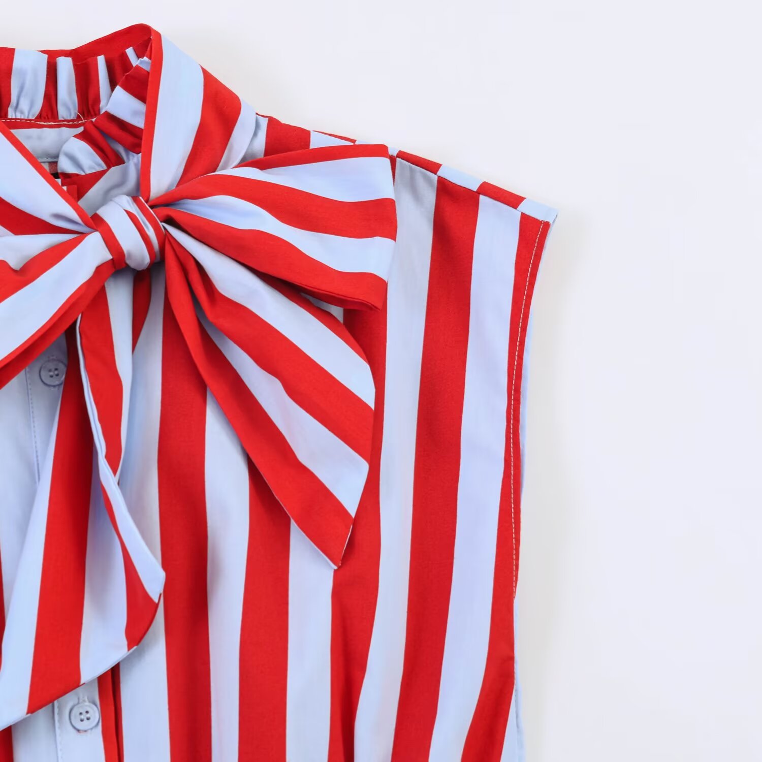 BSAY Nouvelle Blouse Élégante Vintage pour Femme, Col Nœud Papillon, Sans Manches, Imprimé Pois et Rayures, Boutonnée, Taille Peplum Volantée, Crop Top