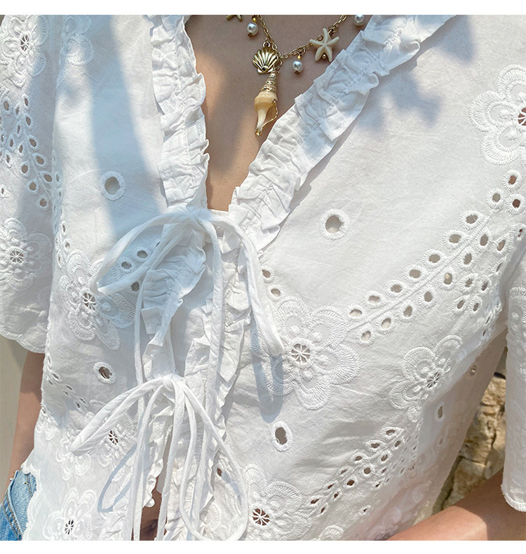 Chemisier Bohème de Créateur Français pour Femme, en Coton Brodé à Motifs Ajourés et Volants, Décontracté, Sexy, pour l'Été et les Vacances