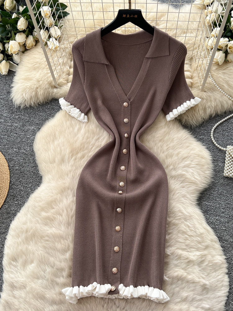 Robe Courte Tricotée pour Femme, Sexy, Col en V, Bordure Volantée Noire, Moulante, Style Coréen, Manches Courtes, Boucle Métallique, pour l'Été