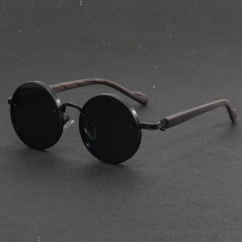 1 paire de lunettes rondes rétro, design grain de bois, monture en alliage noir, verres PC durables