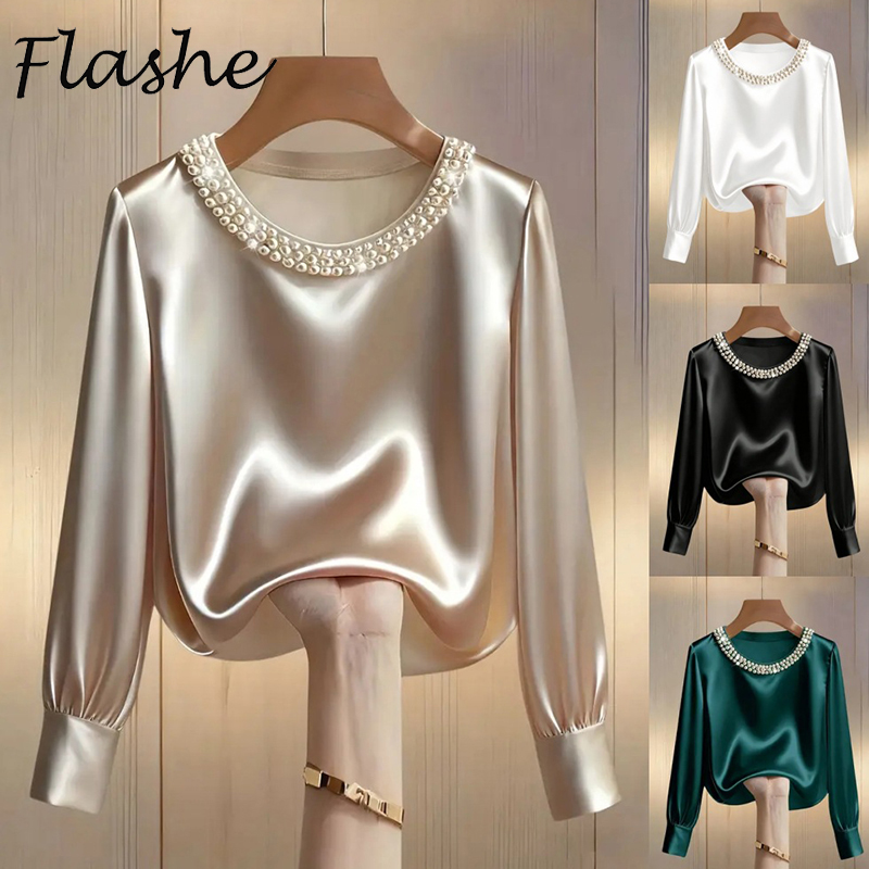 Chemise en Satin élégante pour femmes, Design de perles, manches longues, chemisier en soie, mode col rond, hauts pull amples, printemps automne