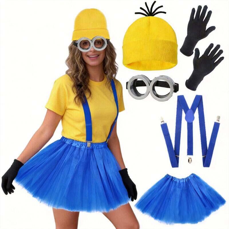 Ensemble de costumes de cosplay pour femmes, mignon, jaune et bleu, 5 pièces avec chapeau en tricot, jupe tutu, bretelles, gants pour Halloween, fête de carnaval