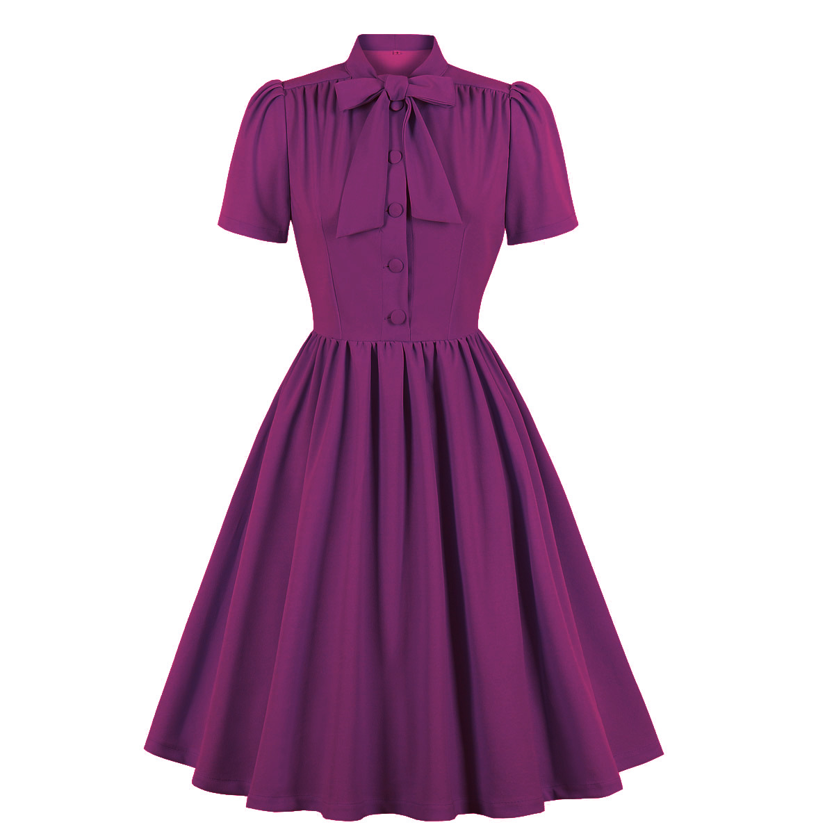 Robe plissée bleue à manches courtes, style vintage français, col à nœud papillon, boutonnée, robes rétro élégantes, style années 50, pin-up, rockabilly