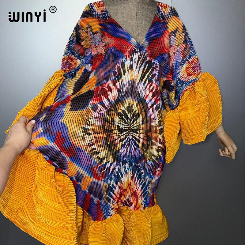 WINYI Robe plissée bohème élastique et ajustée pour femmes musulmanes, tenue de plage, kaftan, abaya, Dubai, luxe, longue, pour les vacances et les soirées
