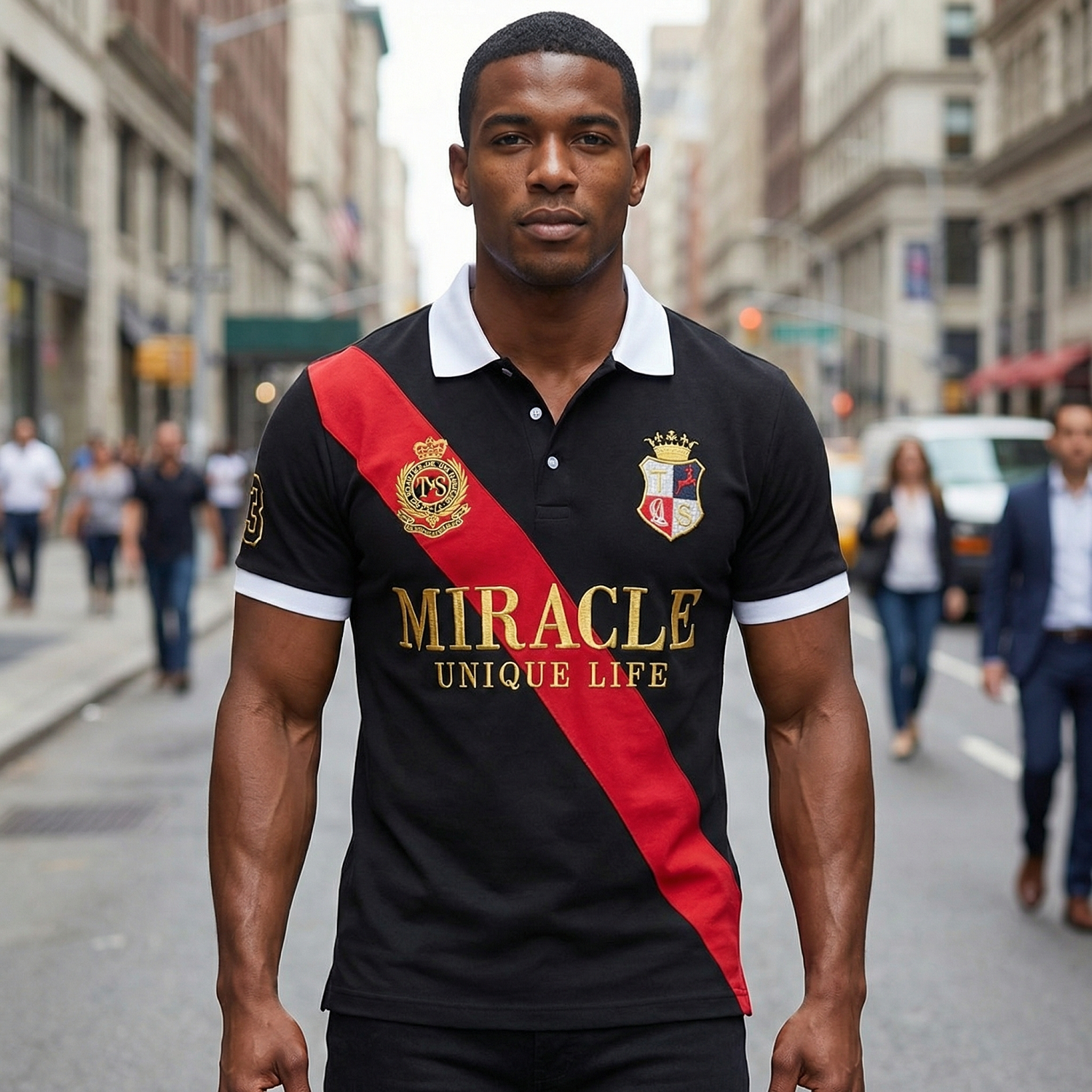 Polo pour homme avec broderie MIRACLE, coutures contrastées, design classique et original, col polo, pur coton respirant.