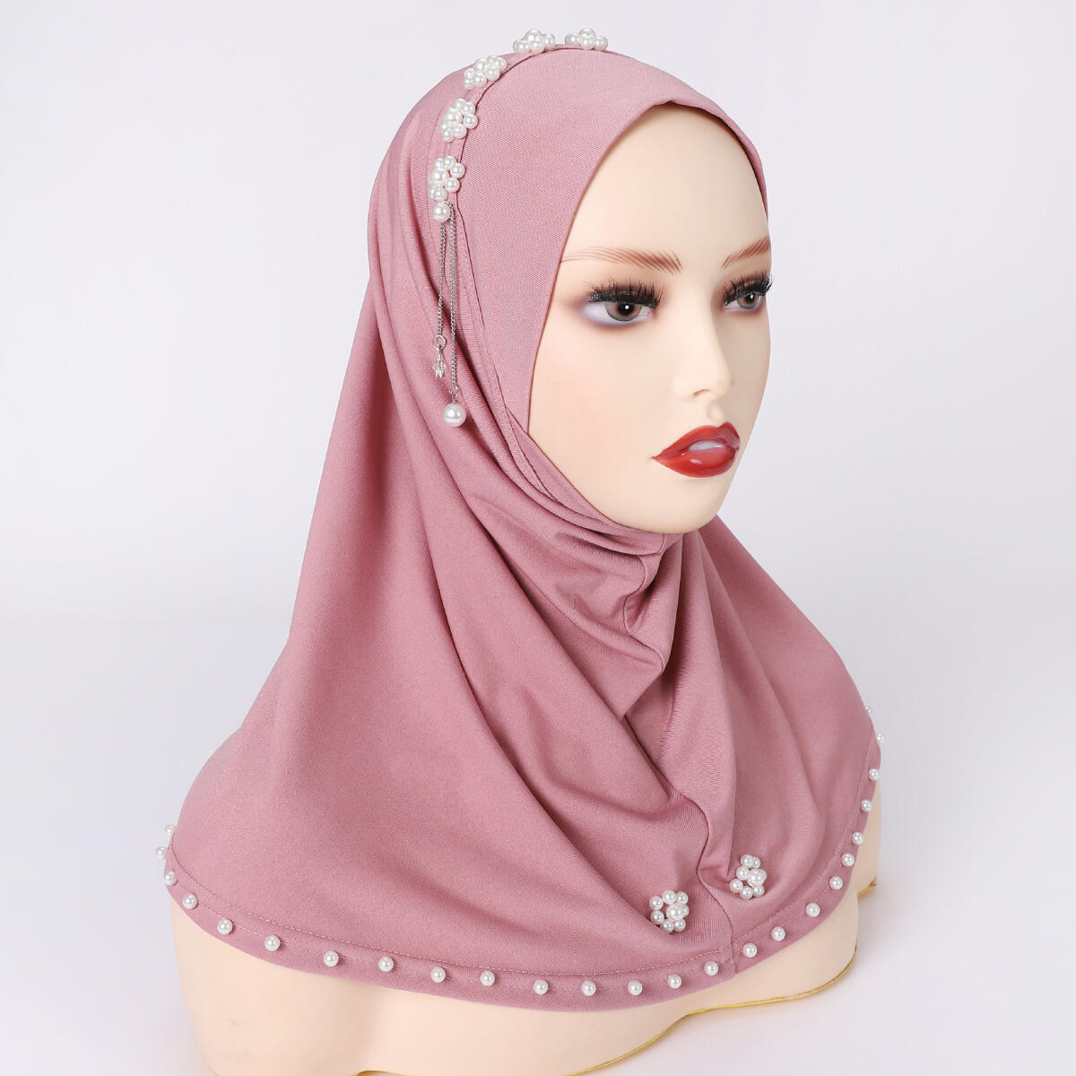 Hijab instantané en crêpe perlé et cristal, doux et élégant, pour femmes musulmanes, facile à porter, idéal pour la prière et les occasions spéciales (Raya).