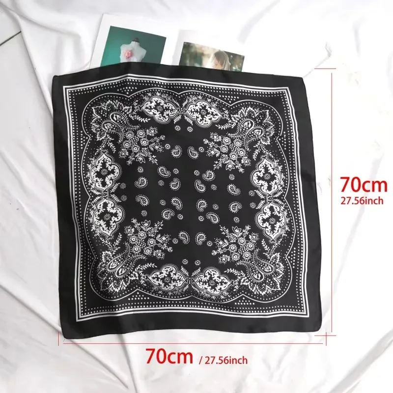 Écharpe de cou polyvalente pour femme, 70 cm, noire, imprimé cachemire, bandana hip-hop, foulard carré, couvre-chef, accessoire pour cheveux