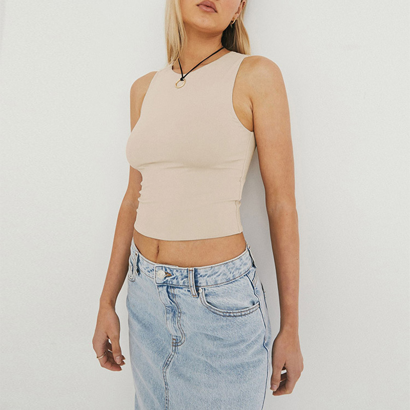 Chemise à fond serré sans manches, haut de couleur unie à col rond en forme de I, gilet décontracté
