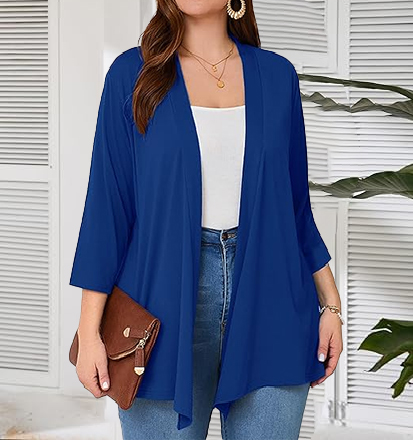 Cardigan grande taille pour femme, manches 3/4, léger et fin, haut tricoté de style châle à ouverture frontale, décontracté, doux et drapé, adapté