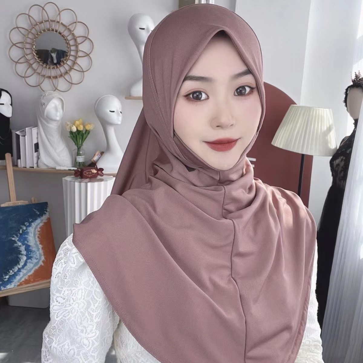 H124 Adultes haute qualité grande taille musulman hijab écharpe avec partie du menton foulard islamique chapeaux armia tirer sur bandeau turban casquettes