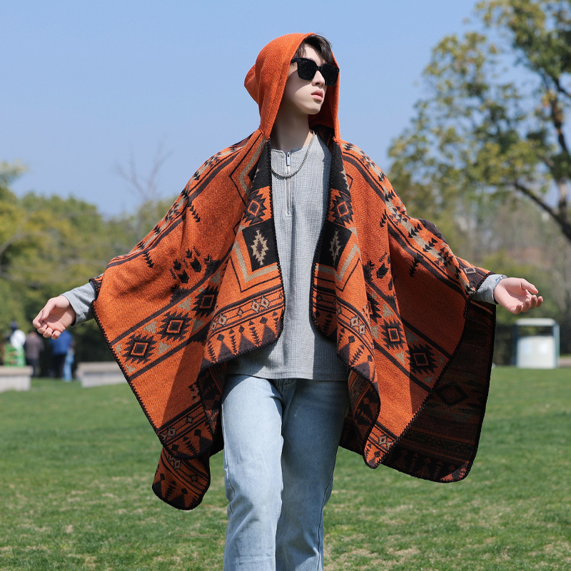 Poncho Homme Style Alpaga Imitation Cachemire, Coupe-Vent Ethnique Polyvalent, Cape Chaude de Voyage Détachable pour les Vacances, Cape Tendance P1