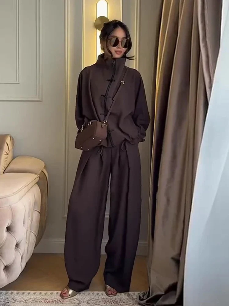 Ensemble tailleur femme 2 pièces, veste décontractée à manches chauve-souris et cordon de serrage, pantalon drapé taille haute, ensemble pantalon chic d'automne pour femme