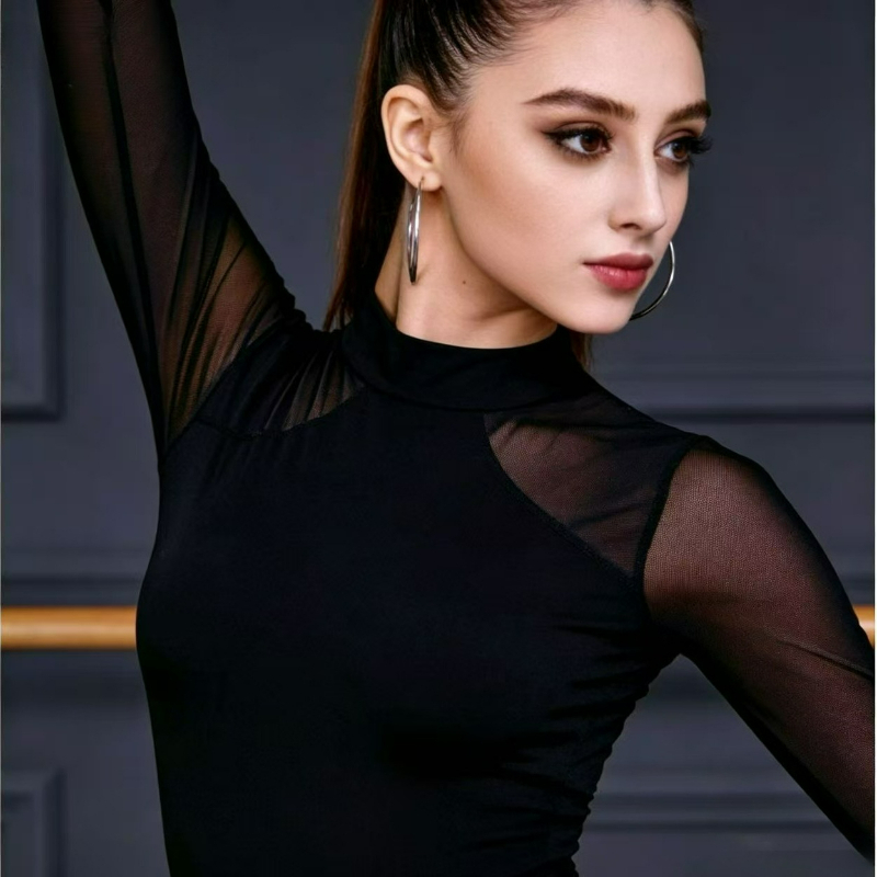 Robe de danse latine pour femmes adultes, manches longues, jupe en maille, vêtements d'entraînement, Cha Cha Rumba, tenue de scène, vêtements de danse de salon