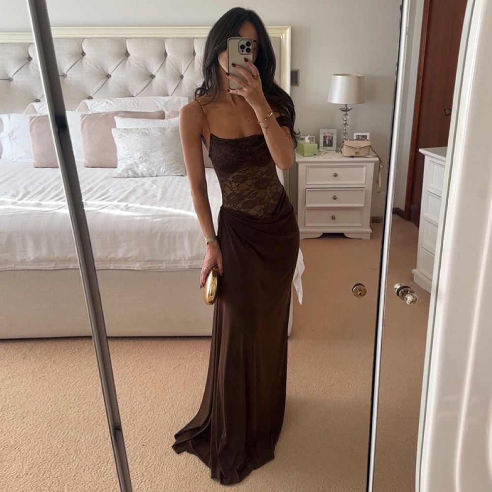 Robe longue élégante bordeaux asymétrique à une épaule, de luxe, pour femme, avec dos nu en dentelle et fente, pour soirée, bal, été, marron, noir, bleu