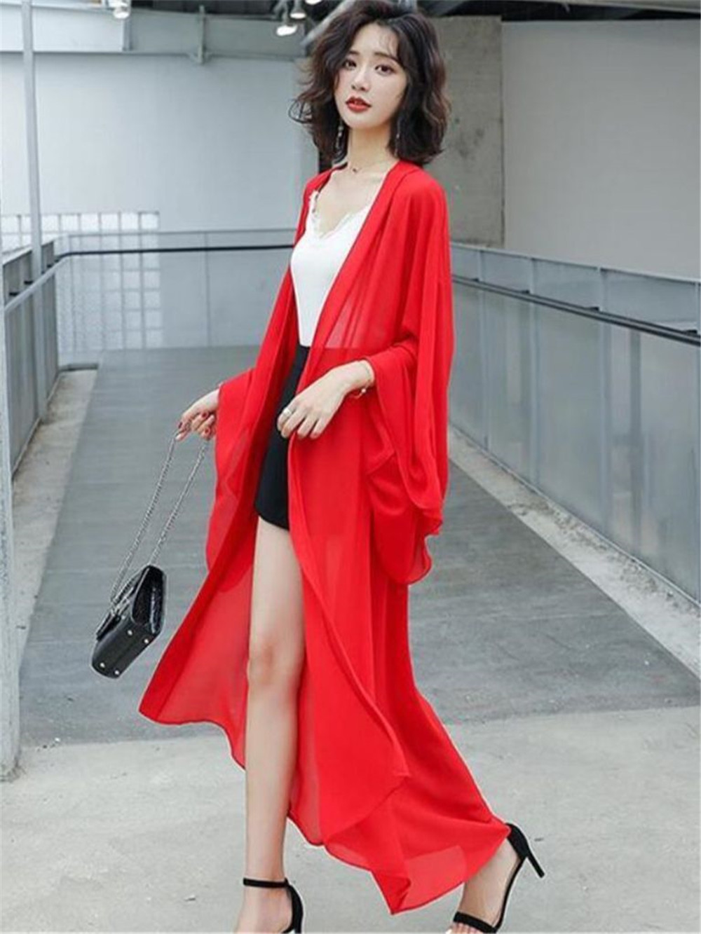 Kimono en mousseline de soie pour femme, cardigan blanc noir et rouge, protection solaire, manches longues chauve-souris, été