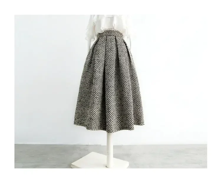 2025 nouvelle mode Tweed avec poche genou longueur jupe hiver femmes Vintage épaissi taille haute plissée a-ligne jupes Faldas