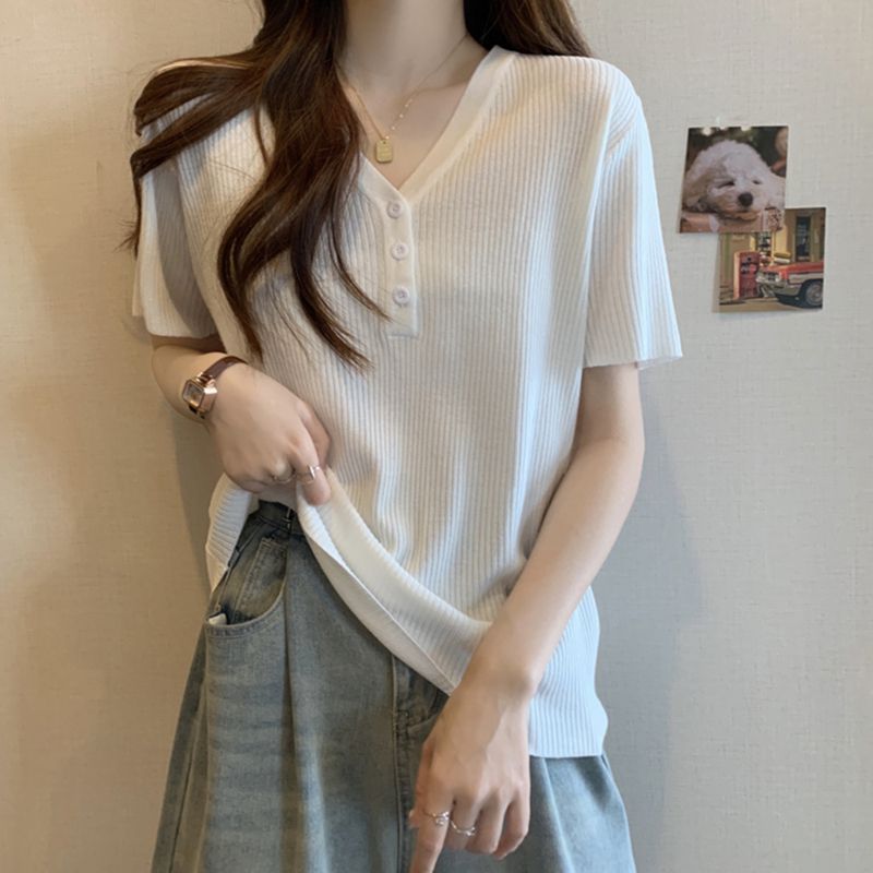 T-shirt d'été pour femmes grandes tailles, nouvelle arrivée, couleur unie, coupe ample, amincissant, cache les imperfections, col en V, manches courtes, confortable