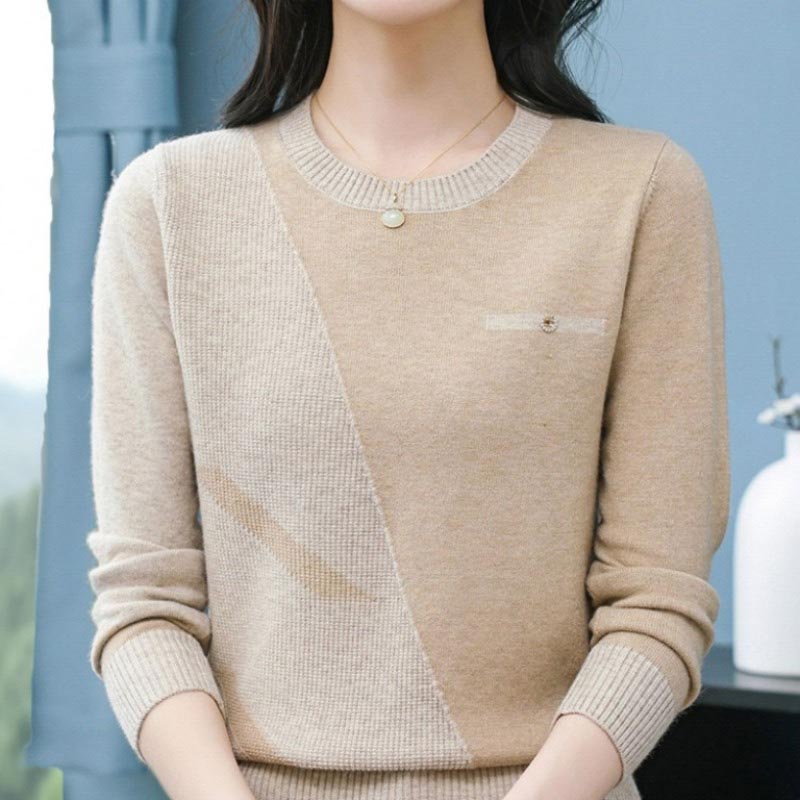 Vêtements pour femmes Vintage mode tricot laine pulls automne hiver nouveau élégant Chic Patchwork col rond chandails dame tout-match haut