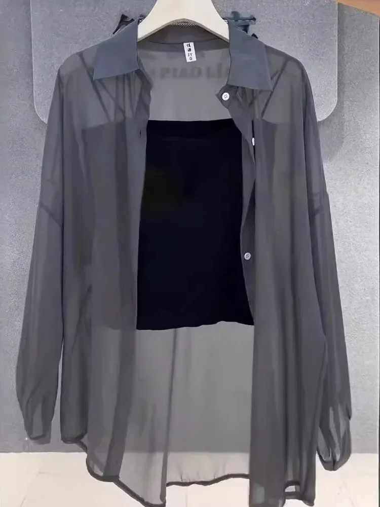 Hauts grande taille pour femmes, chemisiers d'été en mousseline de soie glacée, respirants et résistants au soleil, boutons fins, amples et transparents, chemises à manches longues, 2025